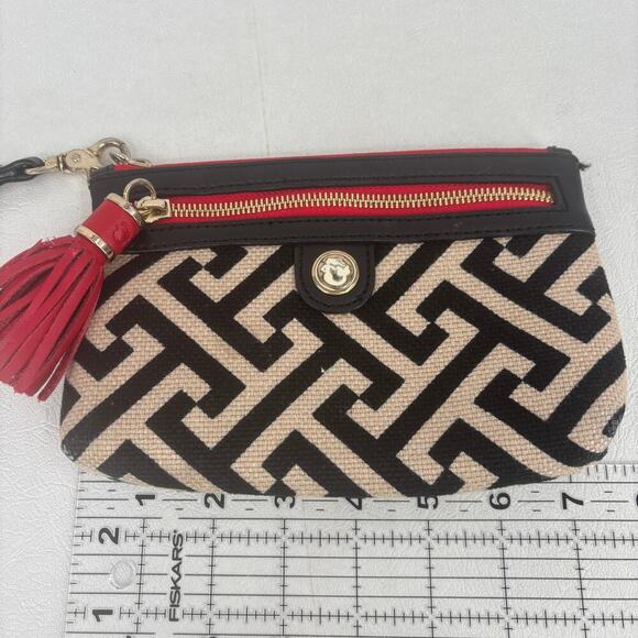 Spartina Wristlet Clutch with Tassel Beige Black Red Geometric Leather Linen Zip - Picture 11 of 12